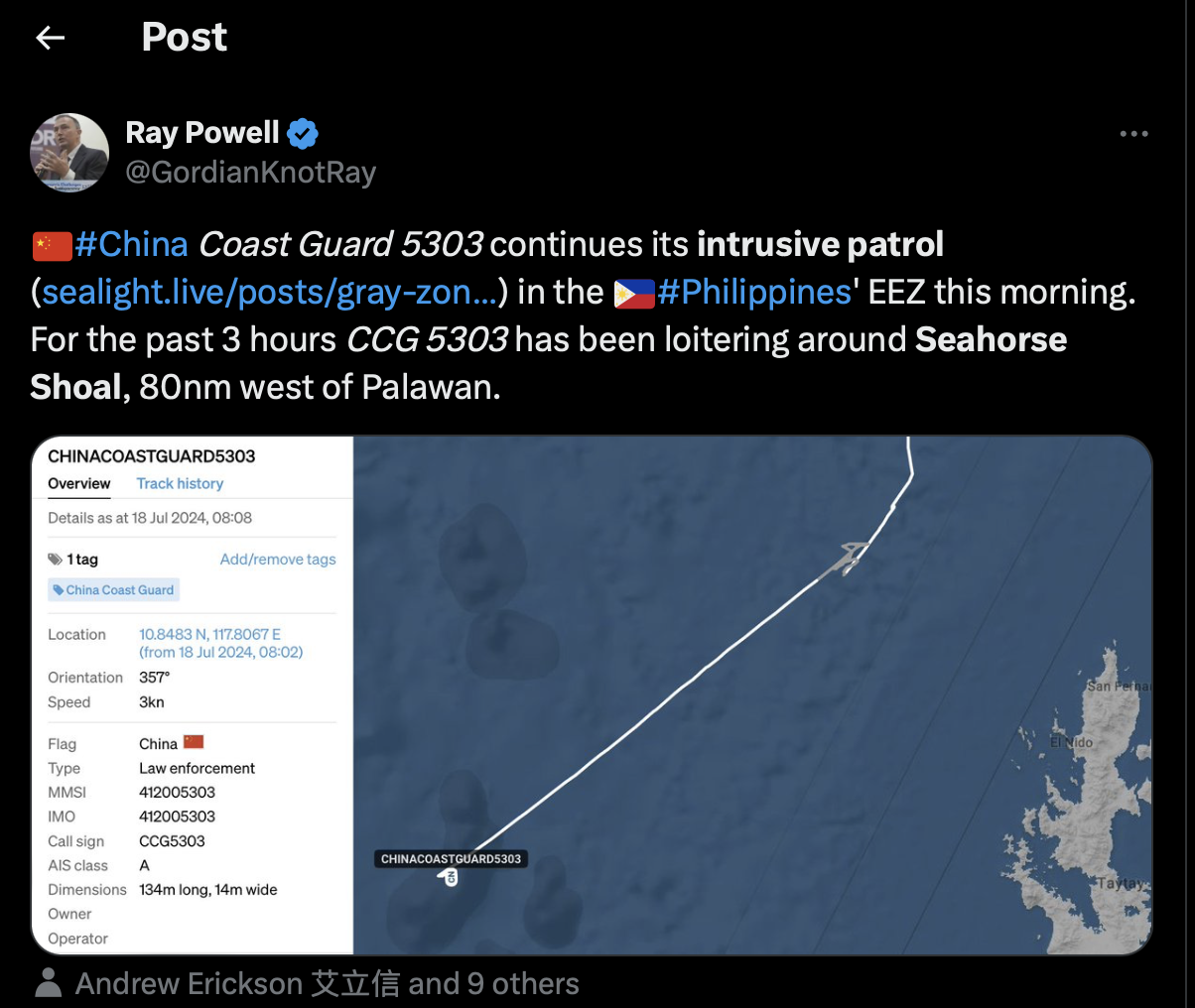 The presence of a Chinese Coast Guard (CCG) ship near Lubang Island, now located west of Palawan, was deemed as an innocent passage. 